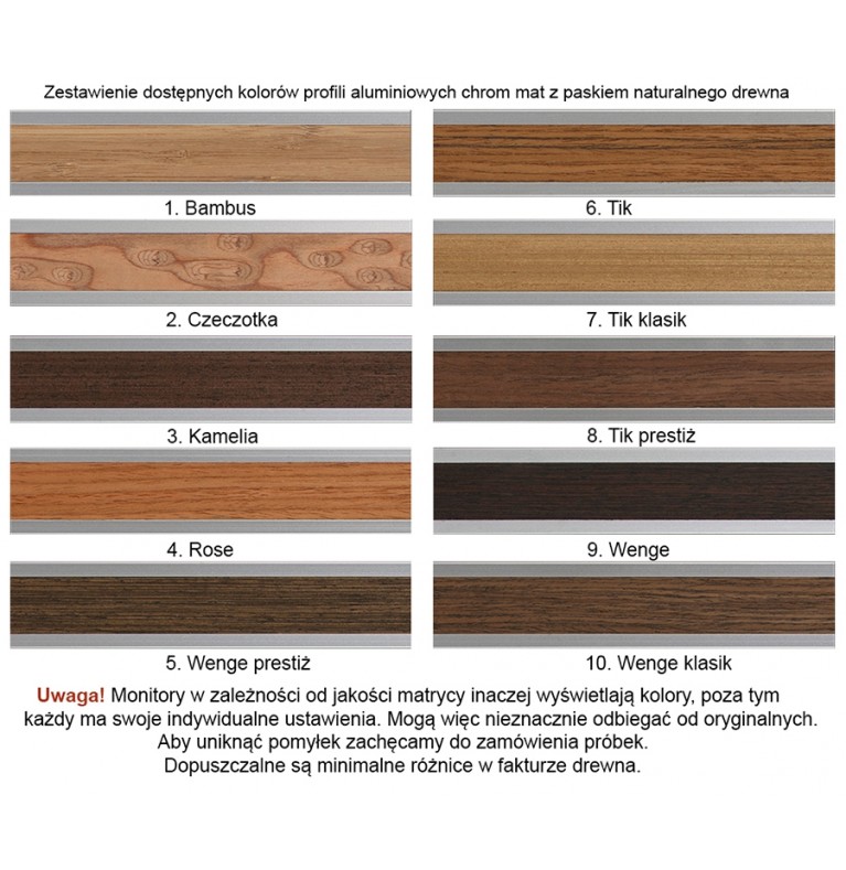 Próbka profili karniszy apartamentowych 34 mm chrom mat z paskiem drewna 